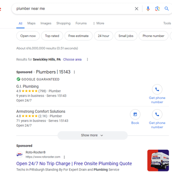 Plumber Google LSA search results example ethic advertising agency