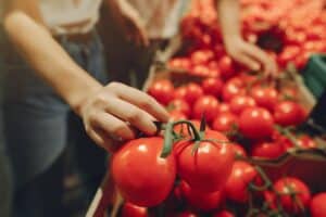 woman reaching for tomatos at groceries store